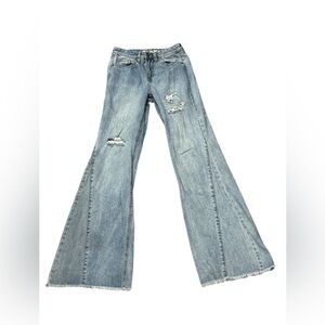Light Wash Distressed Flare Jeans - Women's Wide Leg